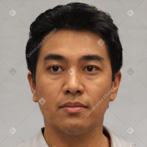 Neutral asian young-adult male with short  black hair and brown eyes