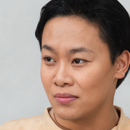 Joyful asian young-adult female with short  black hair and brown eyes