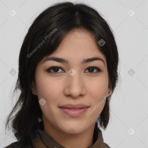 Joyful latino young-adult female with medium  brown hair and brown eyes