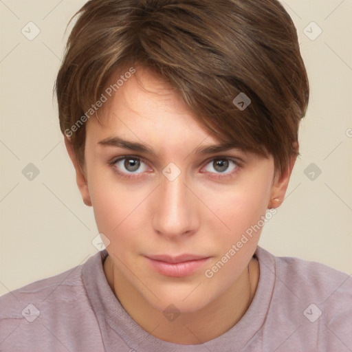 Neutral white young-adult female with short  brown hair and brown eyes