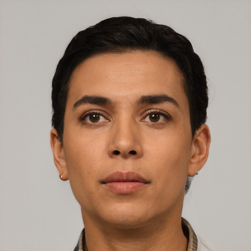 Neutral latino young-adult male with short  black hair and brown eyes