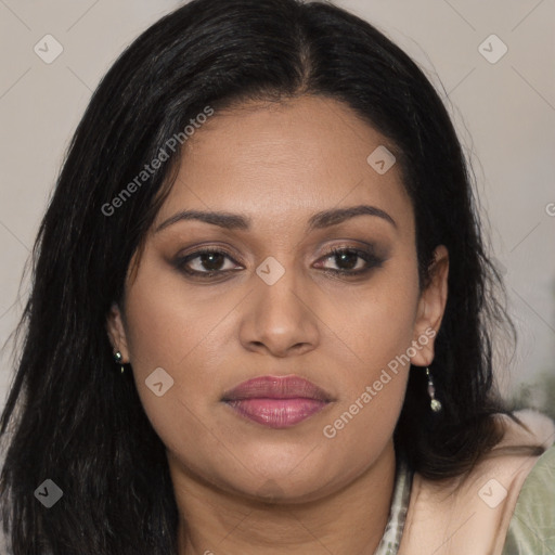 Joyful asian young-adult female with long  brown hair and brown eyes