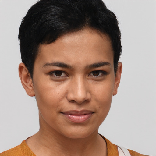 Joyful latino young-adult female with short  brown hair and brown eyes