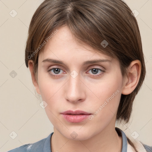 Neutral white young-adult female with medium  brown hair and grey eyes