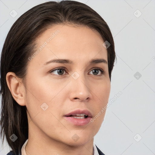 Neutral white young-adult female with medium  brown hair and brown eyes