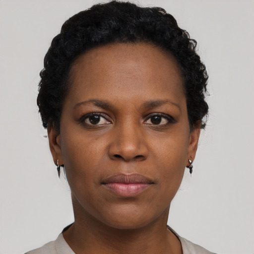 Neutral black young-adult female with short  black hair and brown eyes