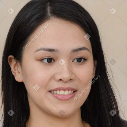 Joyful asian young-adult female with long  brown hair and brown eyes