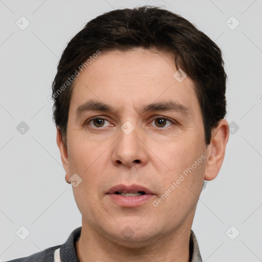 Neutral white adult male with short  brown hair and brown eyes