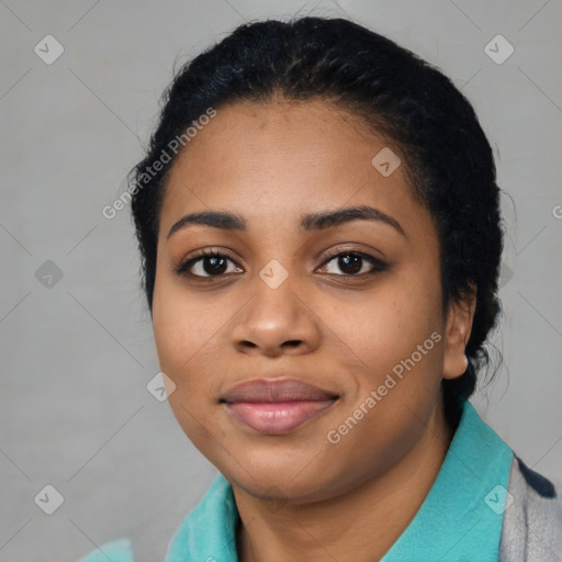 Joyful latino young-adult female with medium  black hair and brown eyes