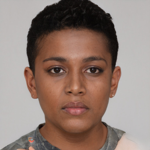 Neutral black young-adult female with short  brown hair and brown eyes