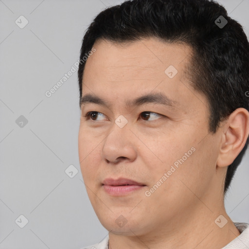 Joyful asian young-adult male with short  black hair and brown eyes