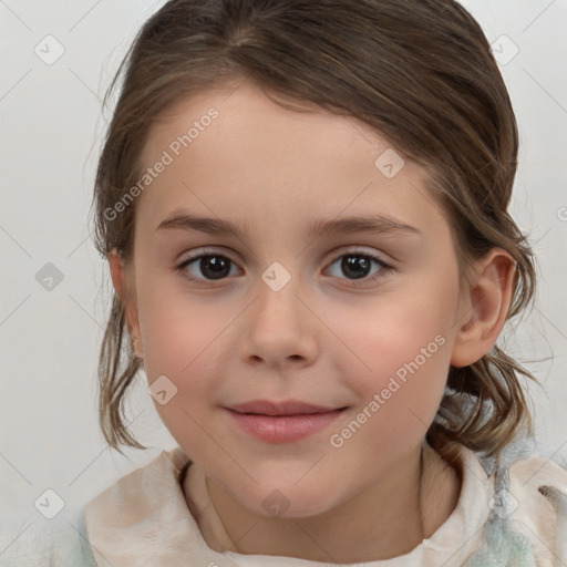 Joyful white child female with medium  brown hair and brown eyes