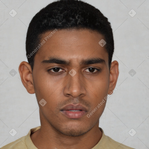 Neutral latino young-adult male with short  black hair and brown eyes