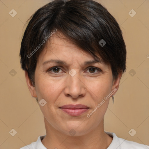 Joyful white adult female with medium  brown hair and brown eyes