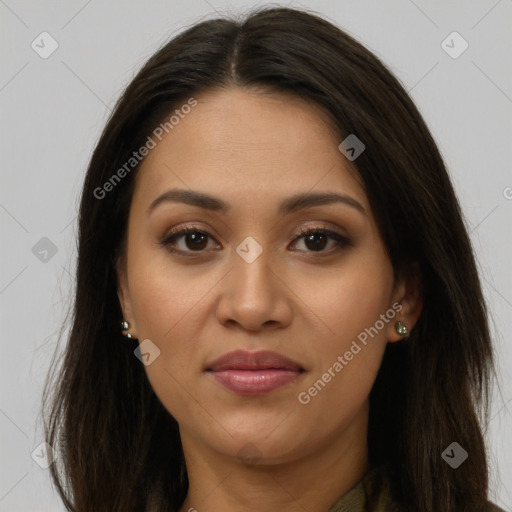 Joyful latino young-adult female with long  brown hair and brown eyes