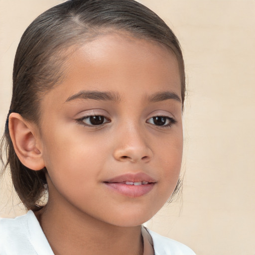 Joyful white child female with medium  brown hair and brown eyes