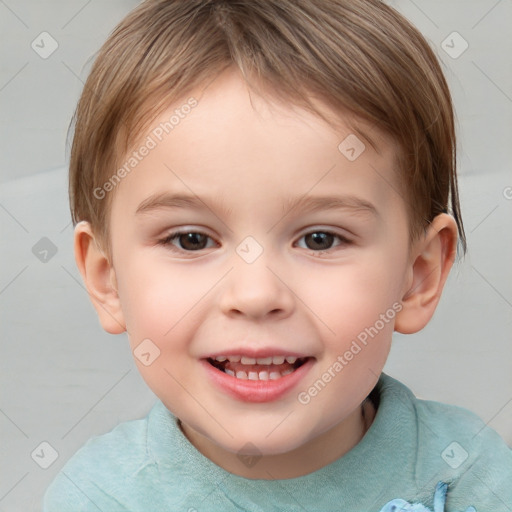 Joyful white child male with short  brown hair and brown eyes