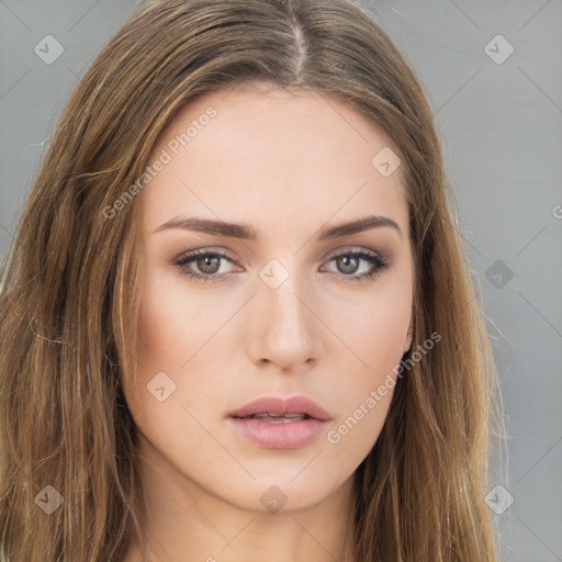 Neutral white young-adult female with long  brown hair and brown eyes