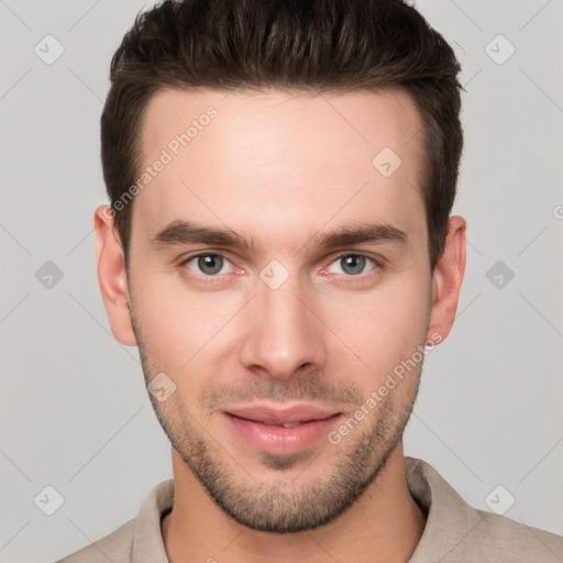 Neutral white young-adult male with short  brown hair and brown eyes