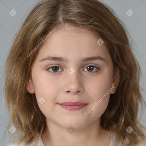 Joyful white child female with medium  brown hair and brown eyes