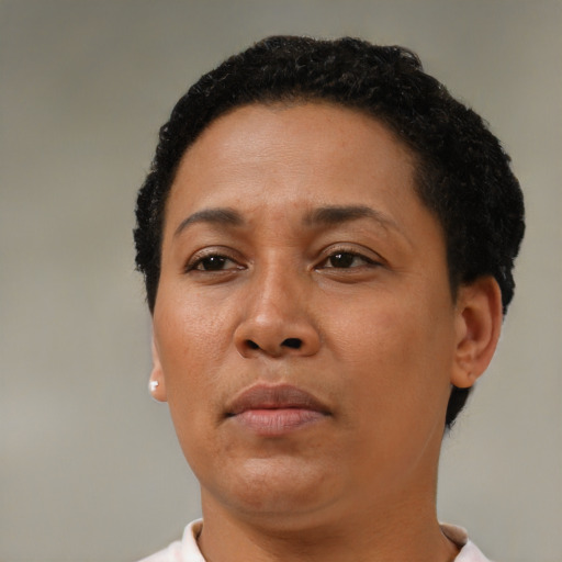 Neutral black adult female with short  brown hair and brown eyes