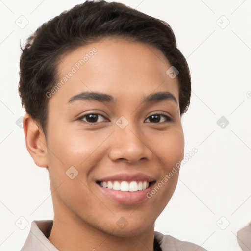 Joyful white young-adult female with short  brown hair and brown eyes