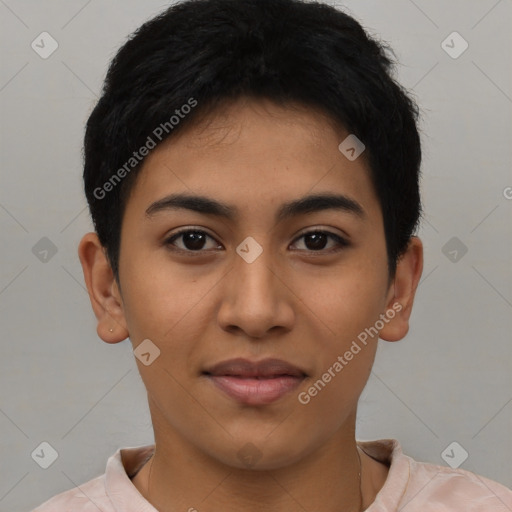 Joyful latino young-adult female with short  black hair and brown eyes