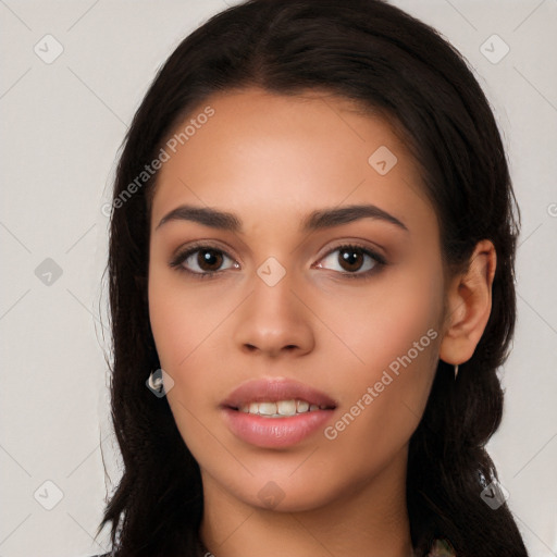 Neutral white young-adult female with long  black hair and brown eyes