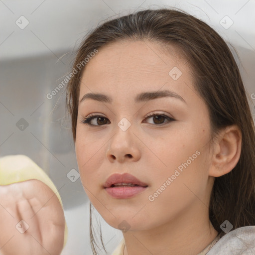 Neutral white young-adult female with medium  brown hair and brown eyes