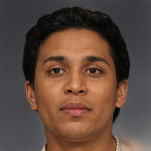Neutral latino adult male with short  brown hair and brown eyes