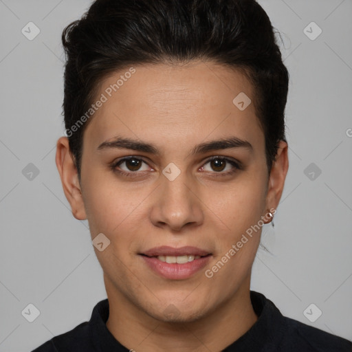 Joyful white young-adult female with short  brown hair and brown eyes