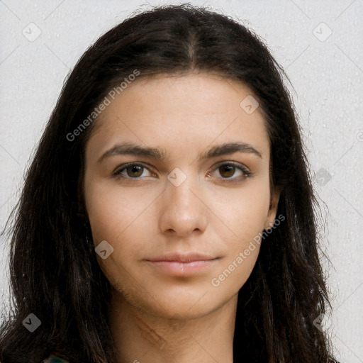 Neutral white young-adult female with long  brown hair and brown eyes