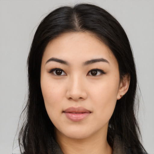 Neutral asian young-adult female with long  black hair and brown eyes