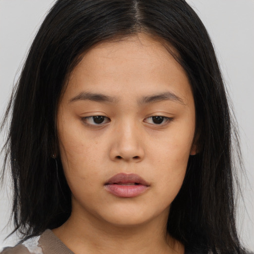 Neutral asian young-adult female with long  brown hair and brown eyes