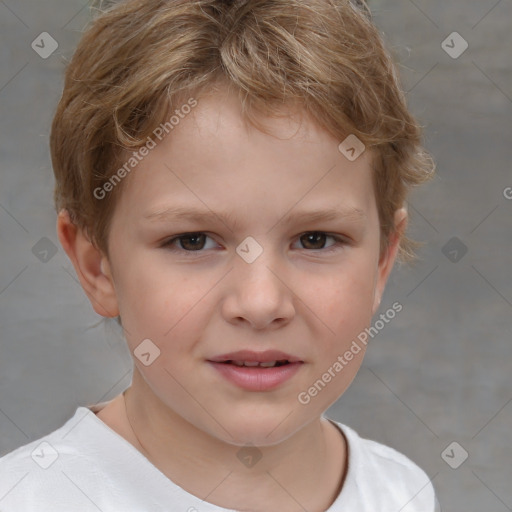 Joyful white child female with short  brown hair and brown eyes