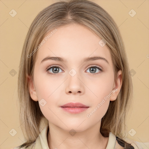 Neutral white young-adult female with medium  brown hair and grey eyes