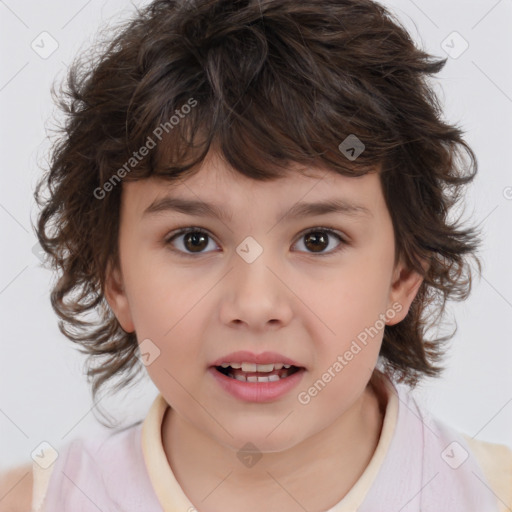 Joyful white child female with medium  brown hair and brown eyes