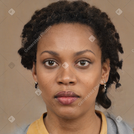 Neutral black young-adult female with short  black hair and brown eyes