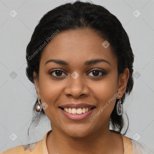 Joyful latino young-adult female with medium  black hair and brown eyes