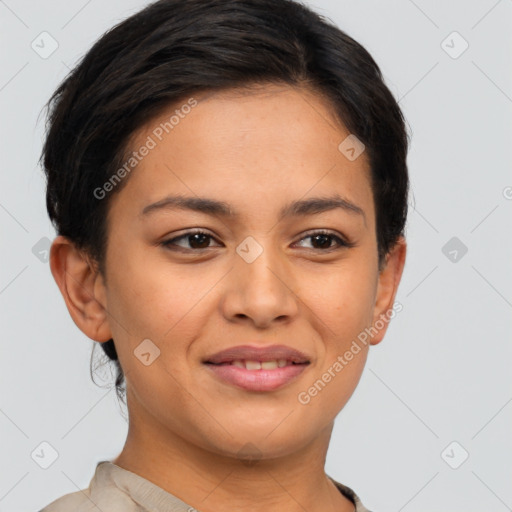 Joyful latino young-adult female with short  brown hair and brown eyes