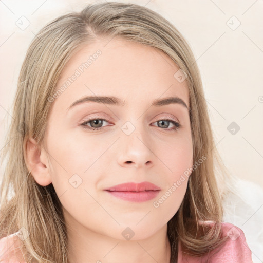 Neutral white young-adult female with long  brown hair and green eyes