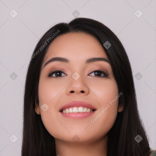 Joyful white young-adult female with long  black hair and brown eyes