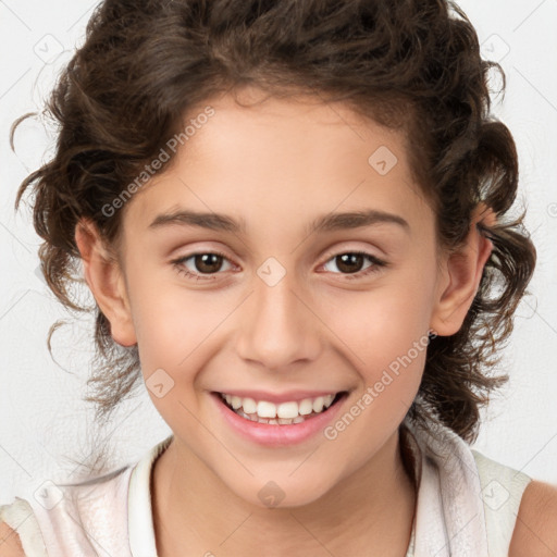 Joyful white child female with medium  brown hair and brown eyes