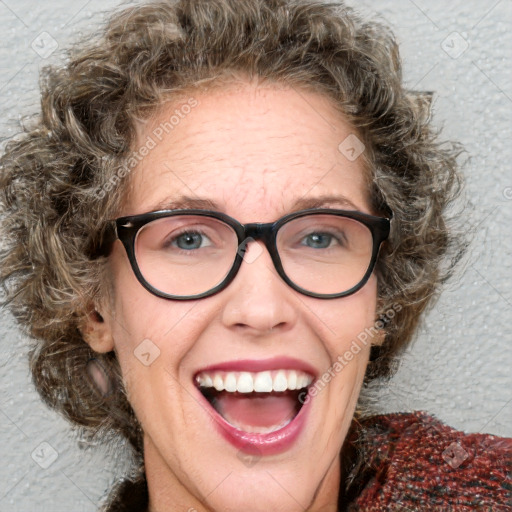 Joyful white adult female with medium  brown hair and blue eyes