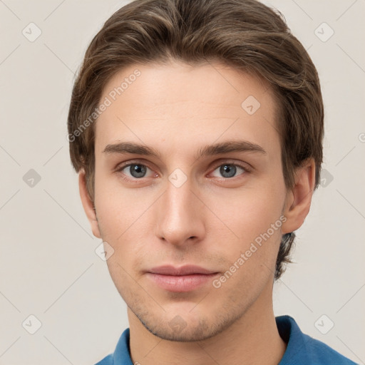 Neutral white young-adult male with short  brown hair and grey eyes