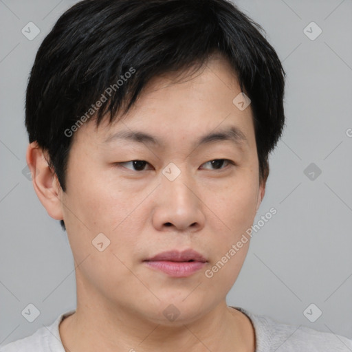 Neutral asian young-adult male with short  brown hair and brown eyes