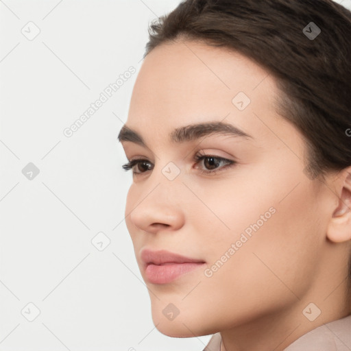 Neutral white young-adult female with short  brown hair and brown eyes