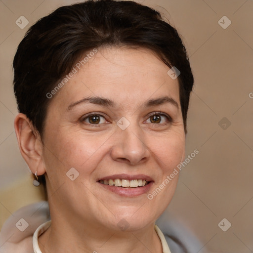 Joyful white adult female with short  brown hair and brown eyes