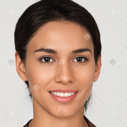 Joyful latino young-adult female with long  brown hair and brown eyes