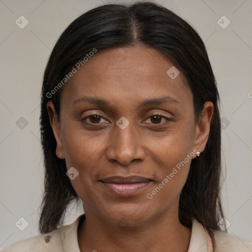 Joyful black young-adult female with medium  brown hair and brown eyes
